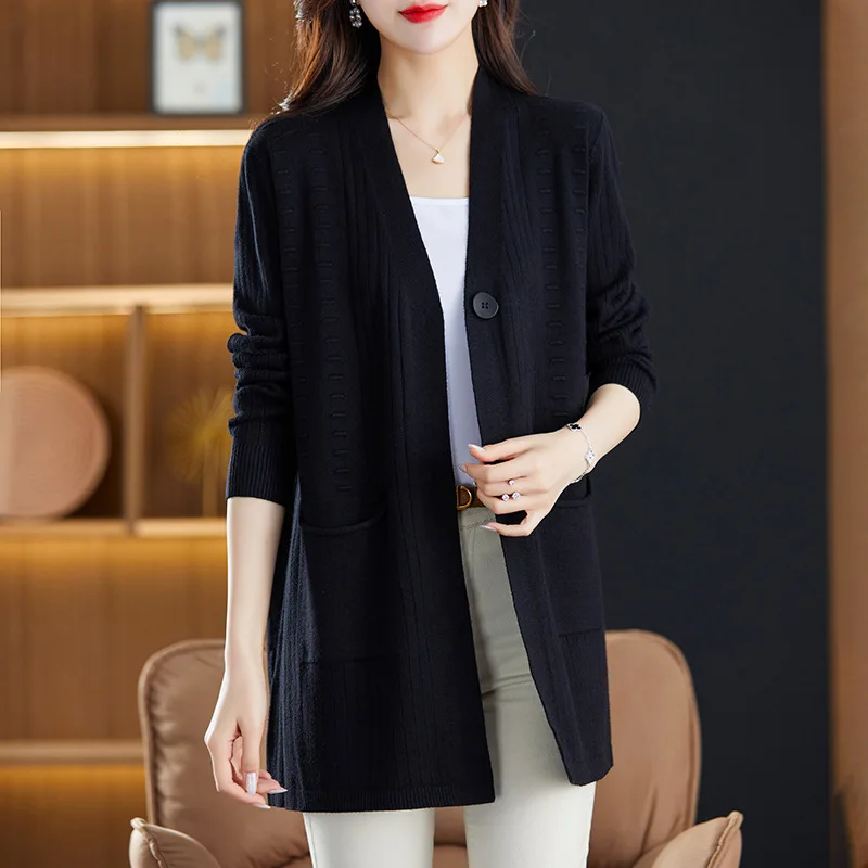 

Mid-Length Sweater Coat Ladies 2024 New Spring and Autumn Loose Oversized Knitted Cardigan