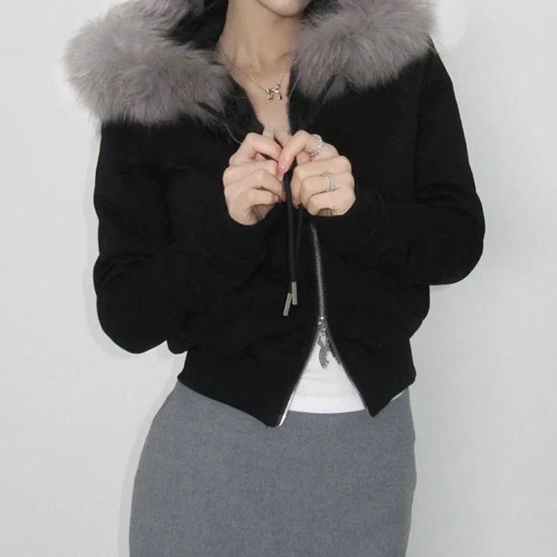 Women's Fur Collar Zip-Up Hoodie, Chic Streetwear, Aesthetic Vintage Cardigan