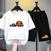 T-shirt à col rond + short pour enfants, ensemble de sport décontracté à manches courtes pour garçons et filles de 3 à 12 ans, noir, imprimé de marque à la mode 3