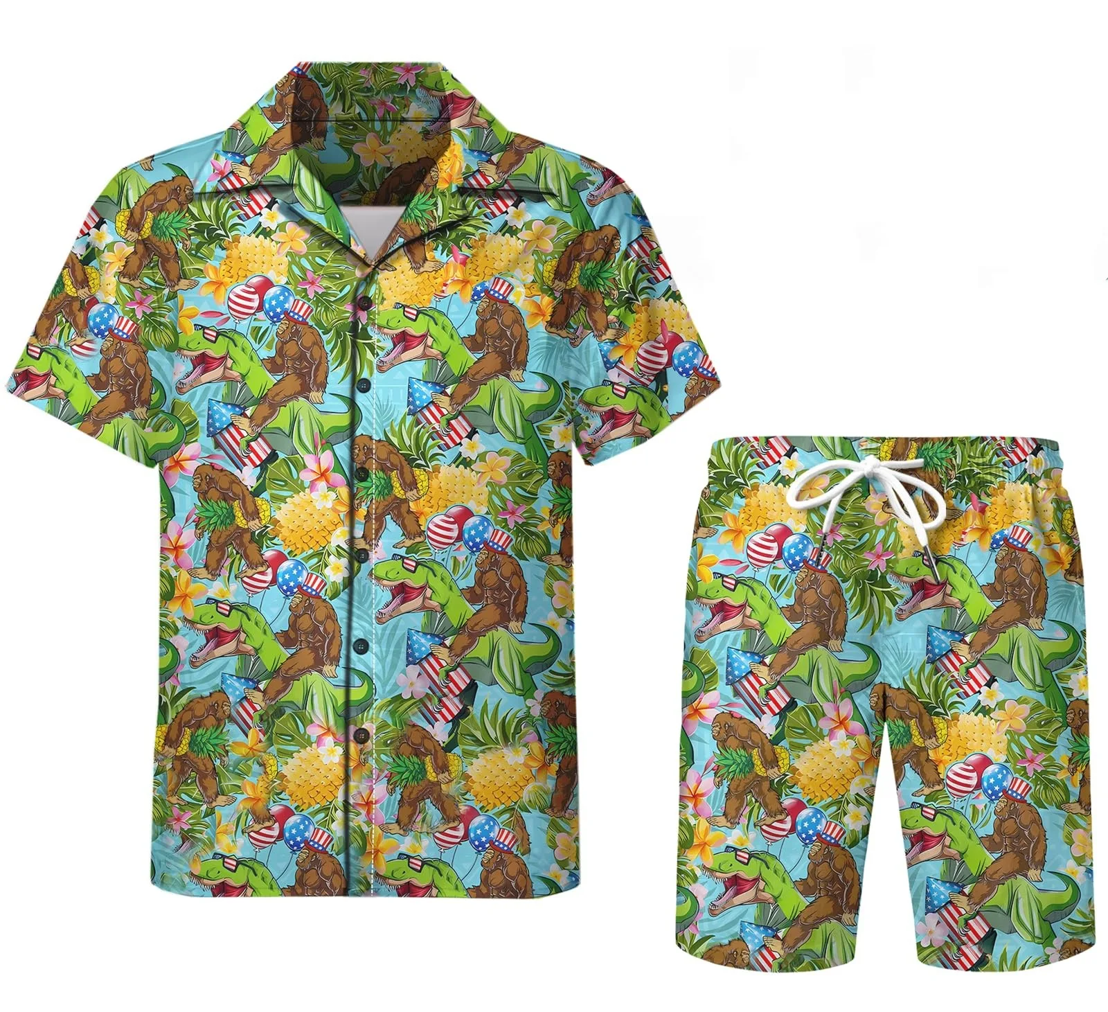 thumbnail image 1 of Conjunto de 2 piezas para hombre, estilo retro de los años 80 y 90, con estampado de setas mágicas psicodélicas, camisa 3D informal, pantalones cortos de playa de gran tamaño, estilo hawaiano para vac, 1 of 5