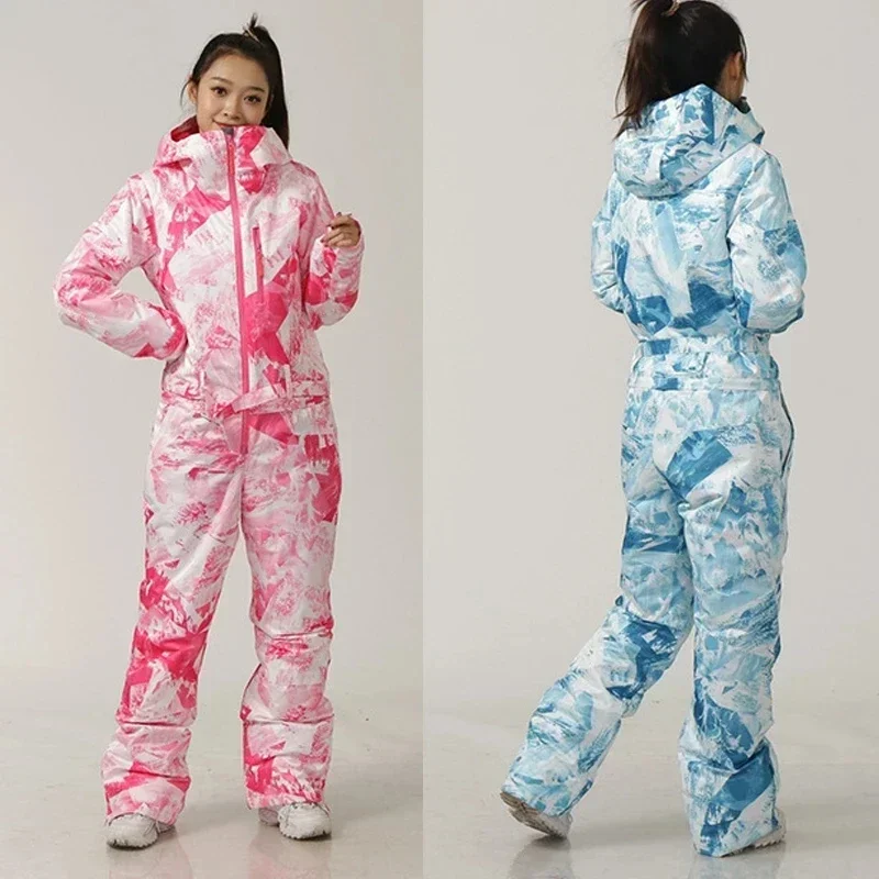 Outdoor One-Piece Ski Suit for Women Overalls Hooded Waterproof Snowboarding Jumpsuit