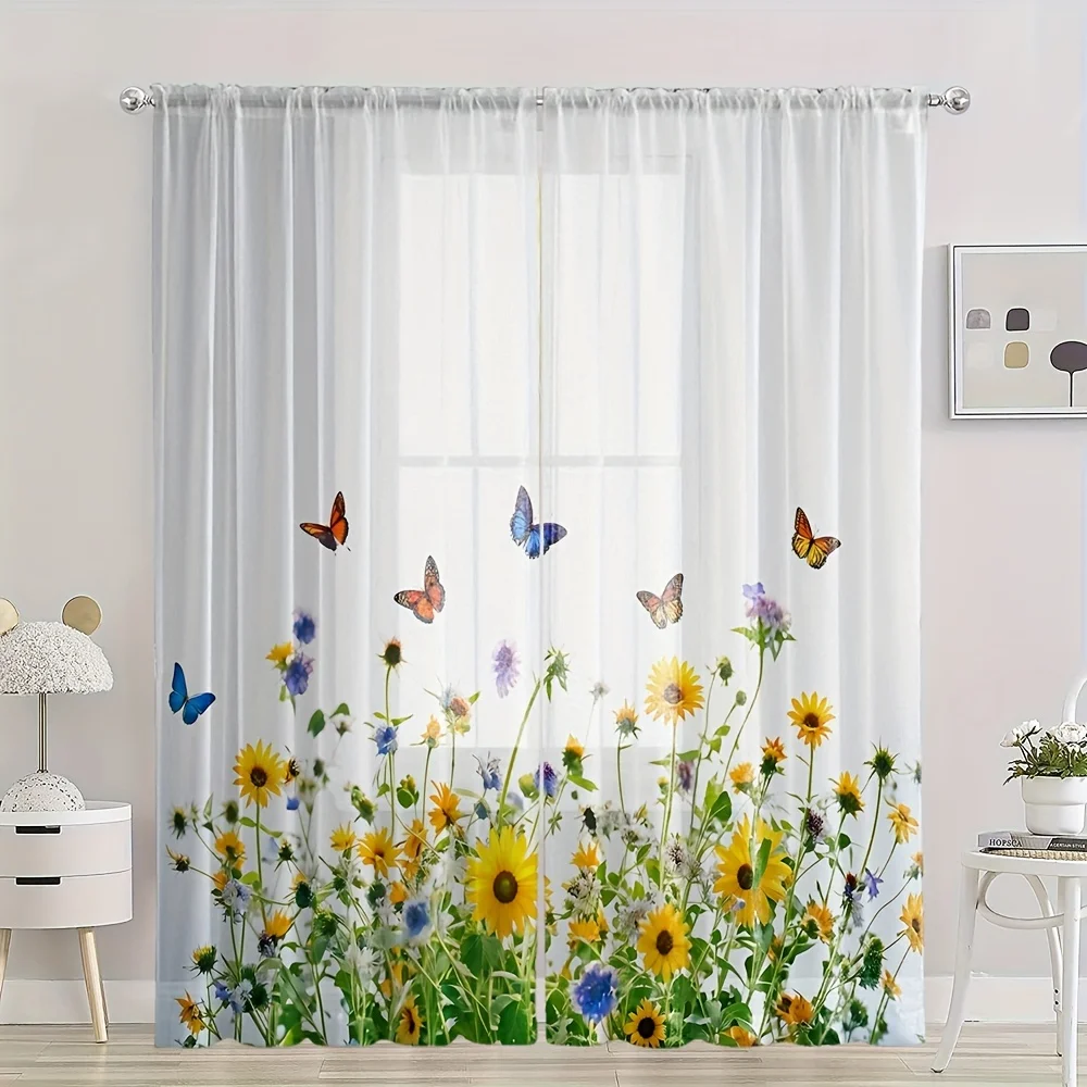 

2pcs Sunflower Pattern Semi-sheer Curtains Decorative Window Drapes Window Treatments For Bedroom Living Room Home Decoration