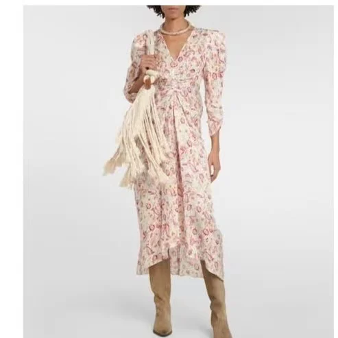 

Women Mid Calf Robe Printed V-Neck Long Sleeve Asymmetrical Hem Dress Sweet