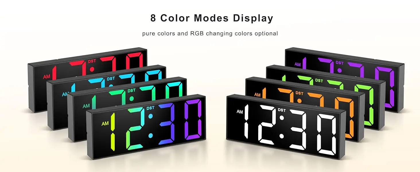 Description Picture 3 of item28.5cm/12'' Large Digital Wall Clock with Remote Control Electronic Big LED Screen 8 RGB Color DST Night Light for Bedside Table