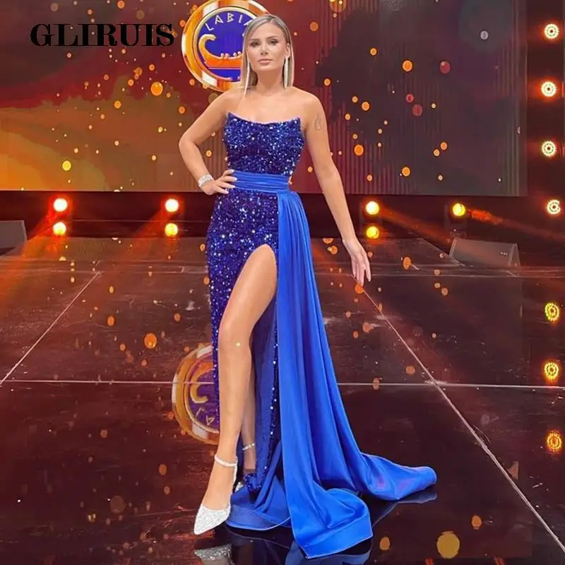 

Exquisite Party Night Royal Blue Shiny Sequin Side Split Long Mermaid Evening Dress Formal Robe de soiree Prom Gowns