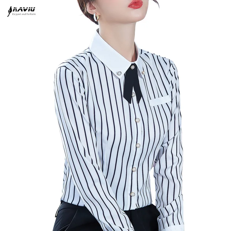 

Элегантная женская рубашка в полоску NAVIU, новые весенние темпераментные деловые шифоновые блузки с длинным рукавом, офисные женские топы для работы