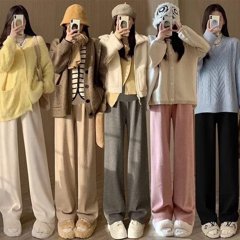 Maternity Pants Autumn Collection Fleece-lined Wool Knit Straight-leg Casual Pants Pregnant Women Spring Outer Wear Bell Bottoms 3
