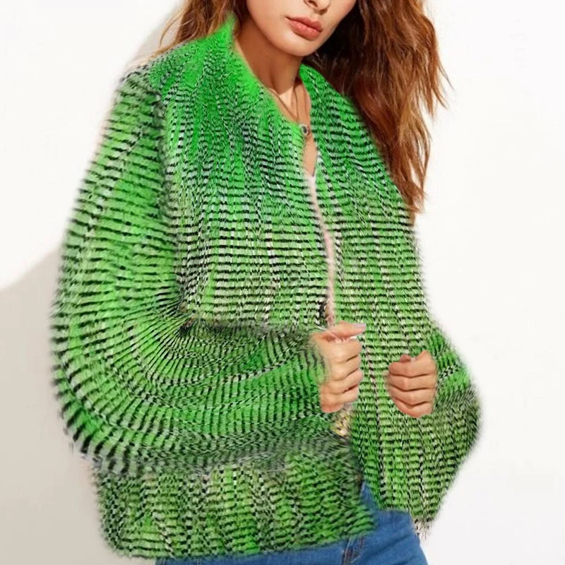 Fashion Slim Fur Jacket Women Faux Fur Peacock Coat Female Long Sleeve O-Neck 2023 Autumn Winter Furry Faux Fur Short Overcoat