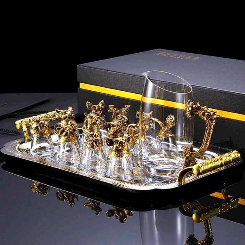 Gold Plated Animal Head Glass Wine Glass Craft Gift Wine Dispenser Vodka Zodiac Set Home Decoration