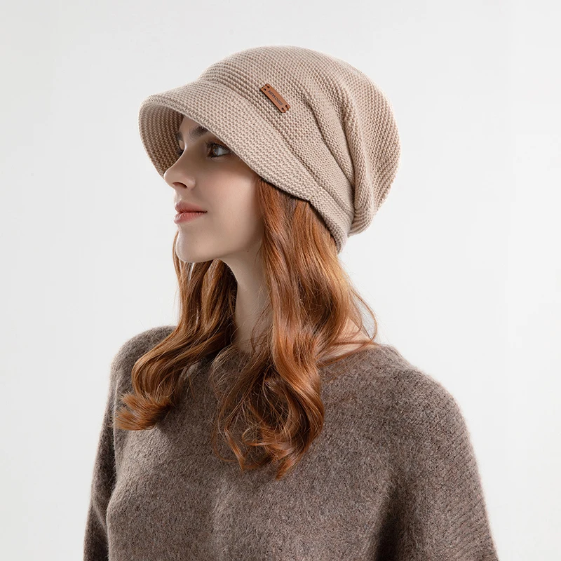 Winter Knitted Women Hat Plus Velvet Fleece Lined Beanie Thick Warm Baggy Cap With Visors Casual Lady Wide Brim Baseball Cap 3