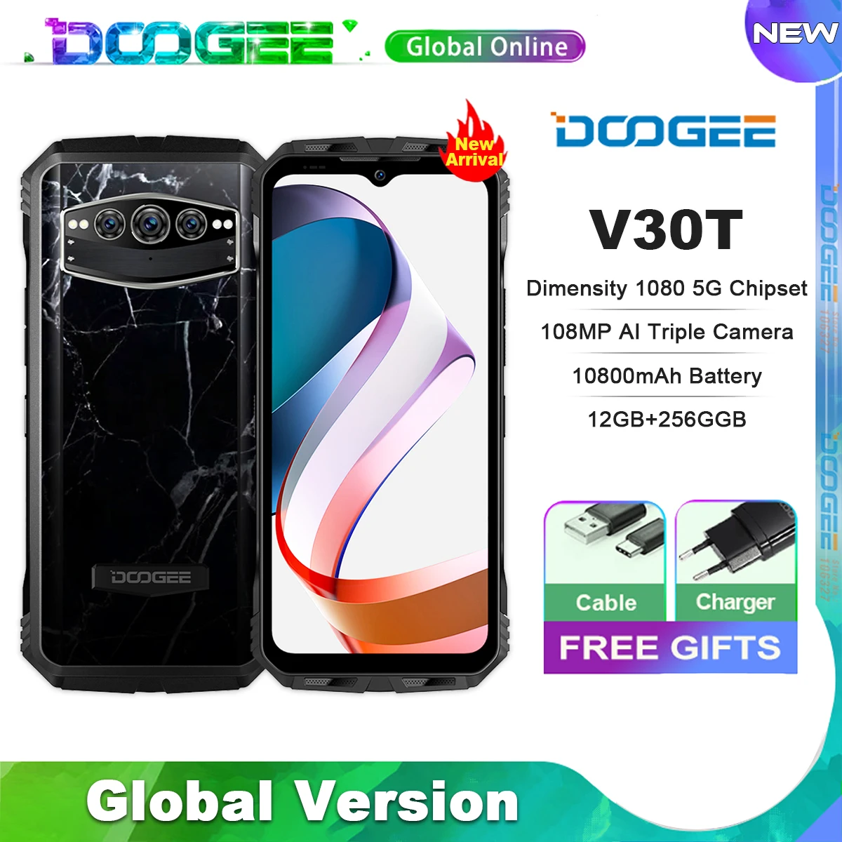 DOOGEE V30T 5G Rugged Phone 6.58 FHD 120Hz Display Dimensity 1080 6nm  12GB+256GB 108MP Camera 10800mAh NFC WIFI 6 Phone