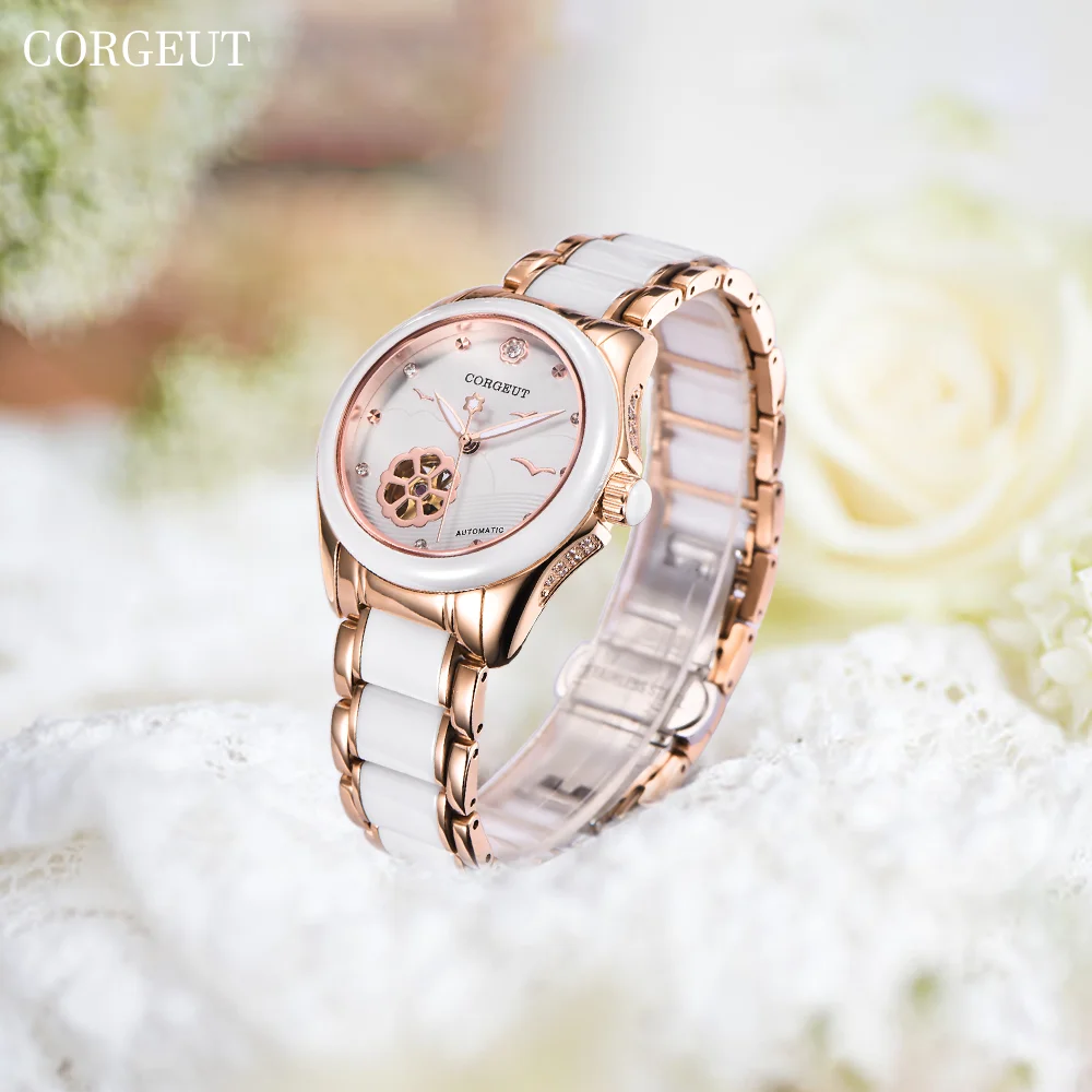 

CORGEUT Fashion Casual Must-have Sapphire Glass Automatic Mechanical Women's Watches Date Display Ceramic Straps Watch for Women