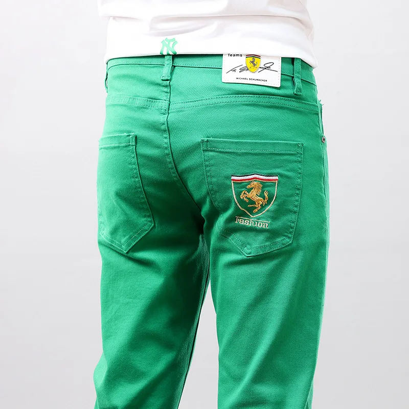 Men Slim-fit Retro Green Hole Ripped Jeans Light Luxury Embroidery Decors Sexy Pants Stylish Street Fashion Jeans