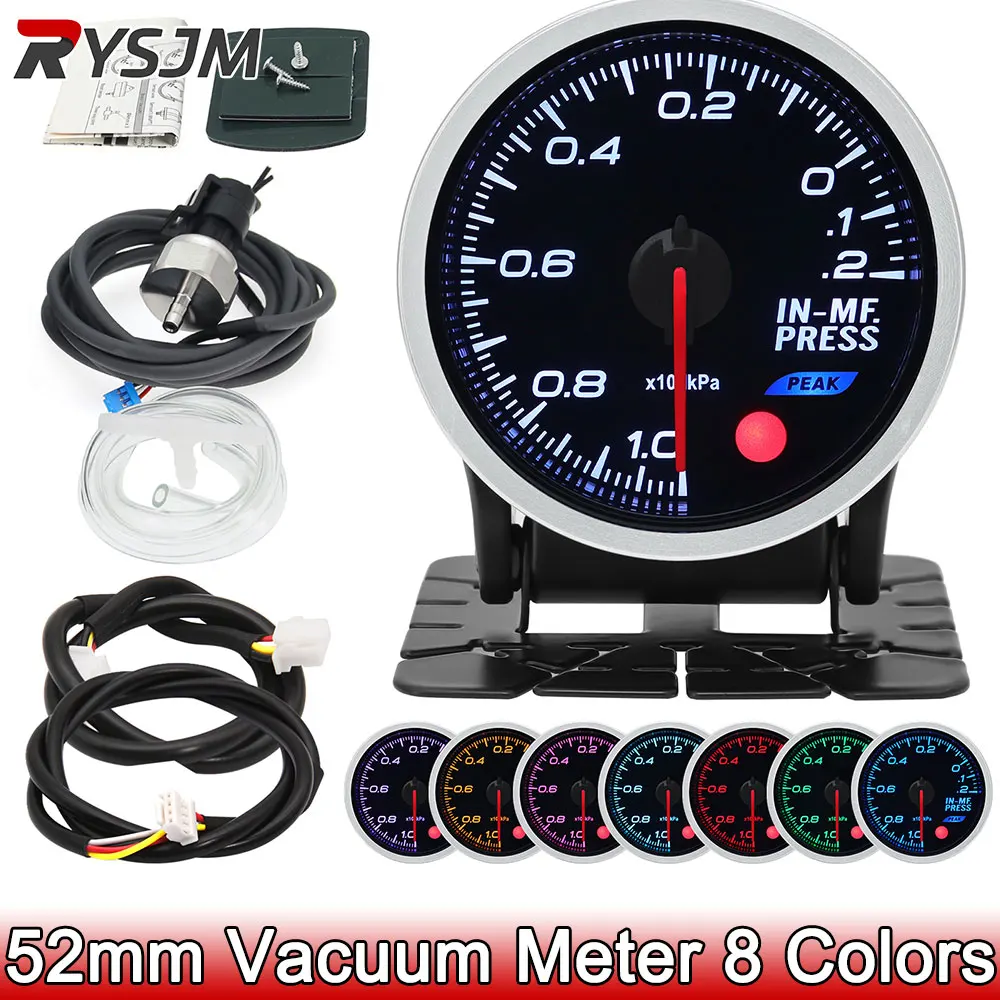 52mm Smoke Len Vacuum Meter Universal 12V Car Auto Pointer Vacuum Gauge -1-0.2Bar 8 Colors Backlight Digital With Stepper Motor