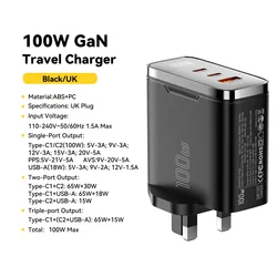 Essager 100W GaN USB - C Charger with Digital Display & Fast Charging Capability - 100W  UK Black A 2C