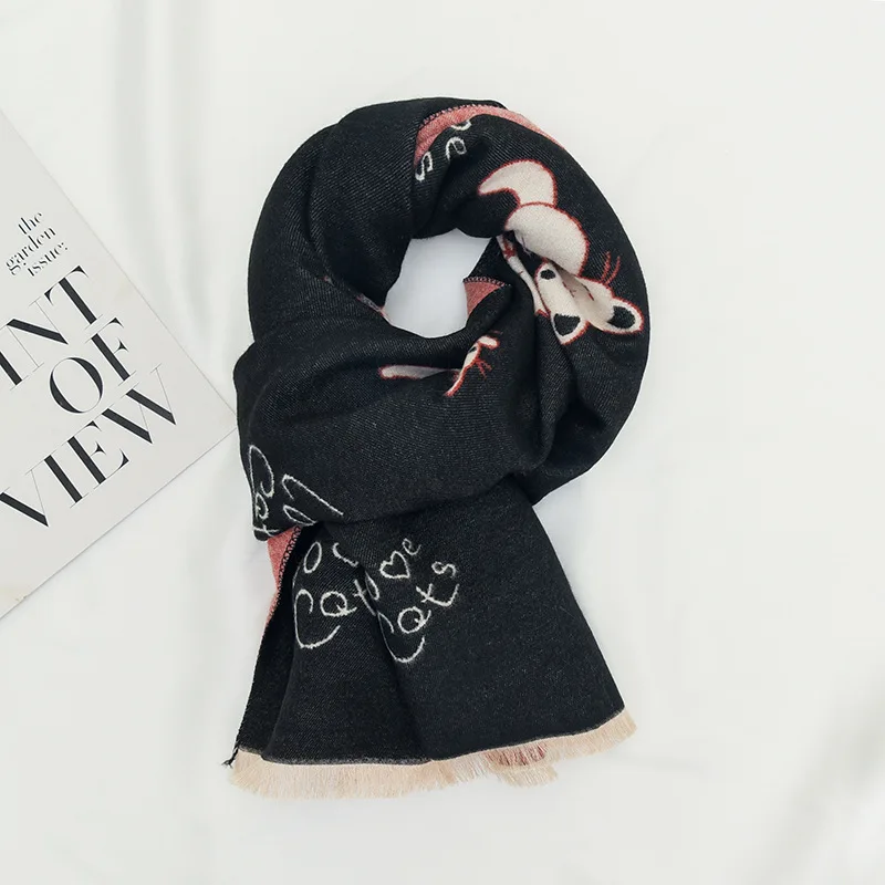 Cute Cartoon Cat Printed Children's Scarf for Boys and Girls Fashion Winter Imitation Cashmere Windproof Warm Scarves Shawl Gift
