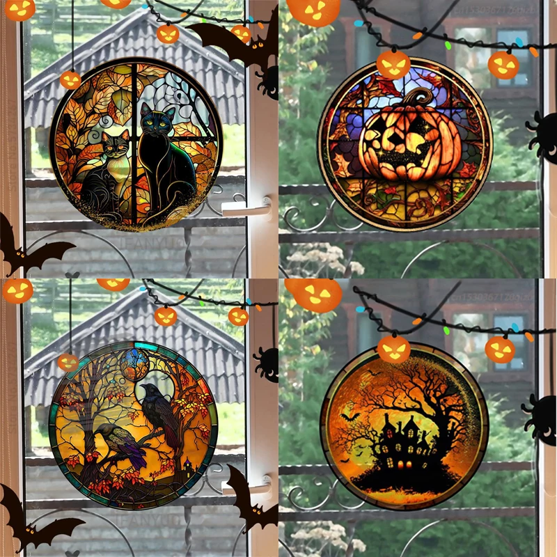 Window Sticker Film Halloween Stained Colorful Horror Castle Cat Static PVC Glue Free Decorative Party Home Decoration