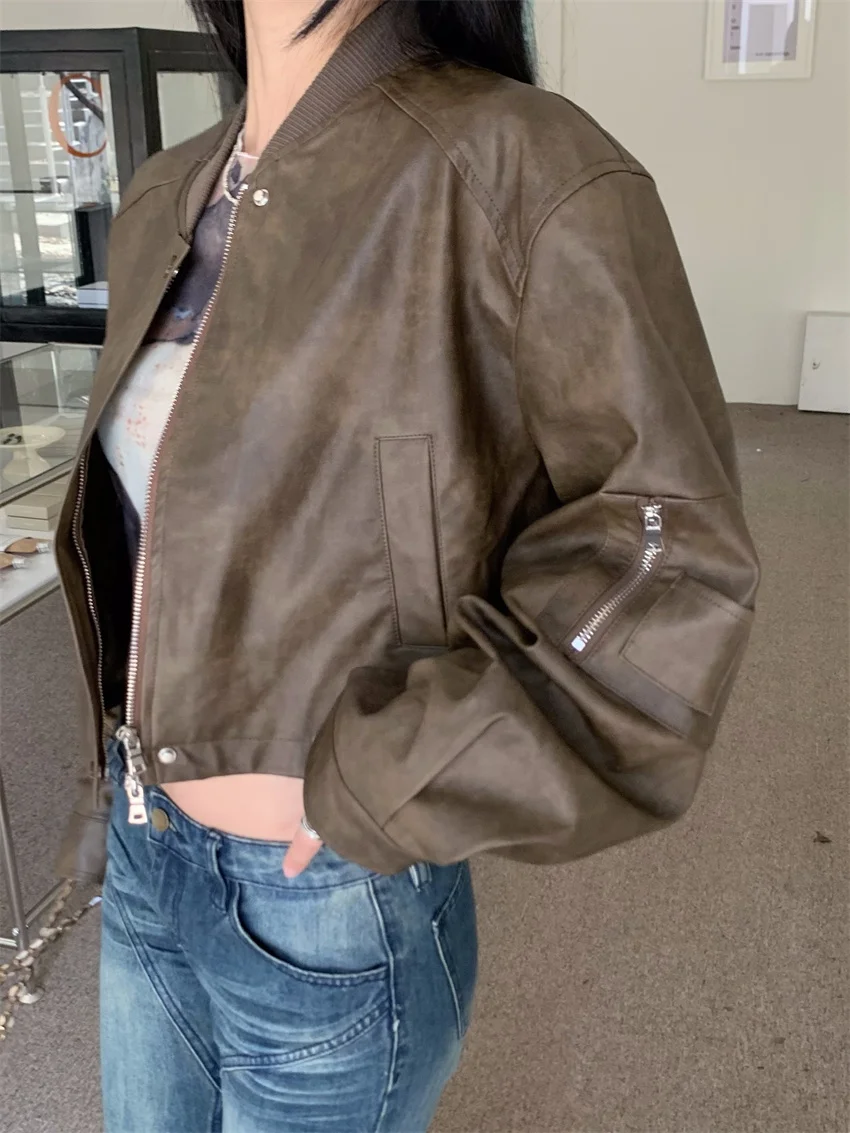 

Винтажные бейсбольные куртки PLAMTEE из искусственной кожи, женские шикарные модные свободные универсальные уличные зимние элегантные повседневные женские пальто для офиса