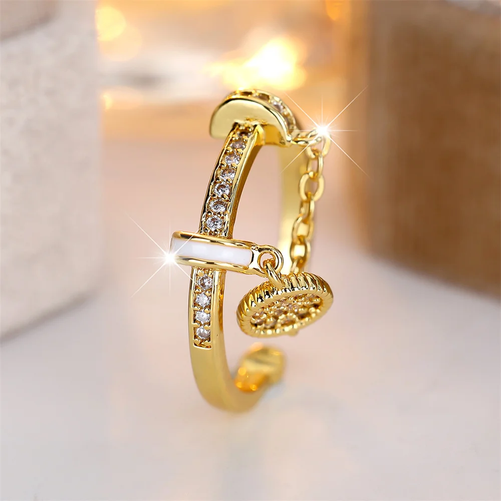 White Zircon Tassel Pendant Chains Opening Rings For Women Vintage Gold Color Engagement Wedding Jewelry Bridal Accessory Gifts