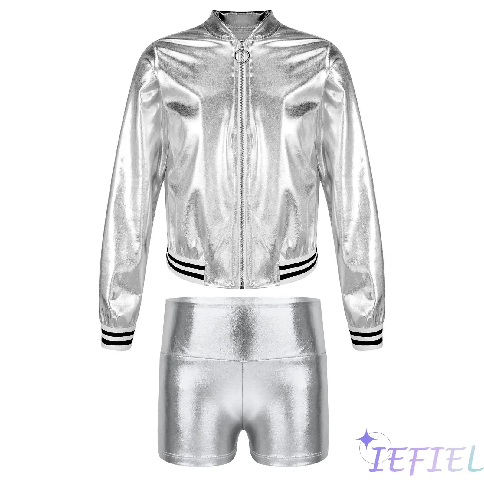 

Kids Sports Set Metallic Long Sleeve Patchwork Outerwear with High Waist Shorts for Workout Exercise Training Street Dancewear