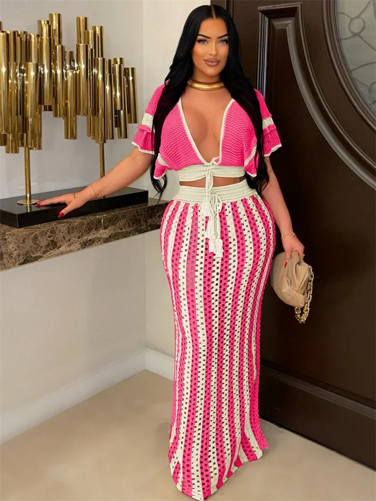 Wmstar Women Two Piece Set Sexy Elegant Knitted Crochet Beach Stripe Crop Tops Long Skirts Matching Set Holiday Birthday Outfits
