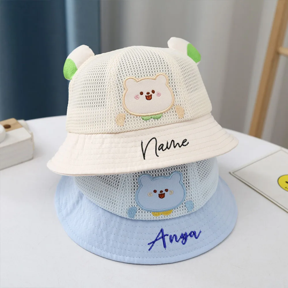 Custom New Rabbit Ear Baby Pure Cotton Gauze Bowl Hat Personalized Embroidered Name Baby Fisherman Hat Candy Color Sunshade Hat