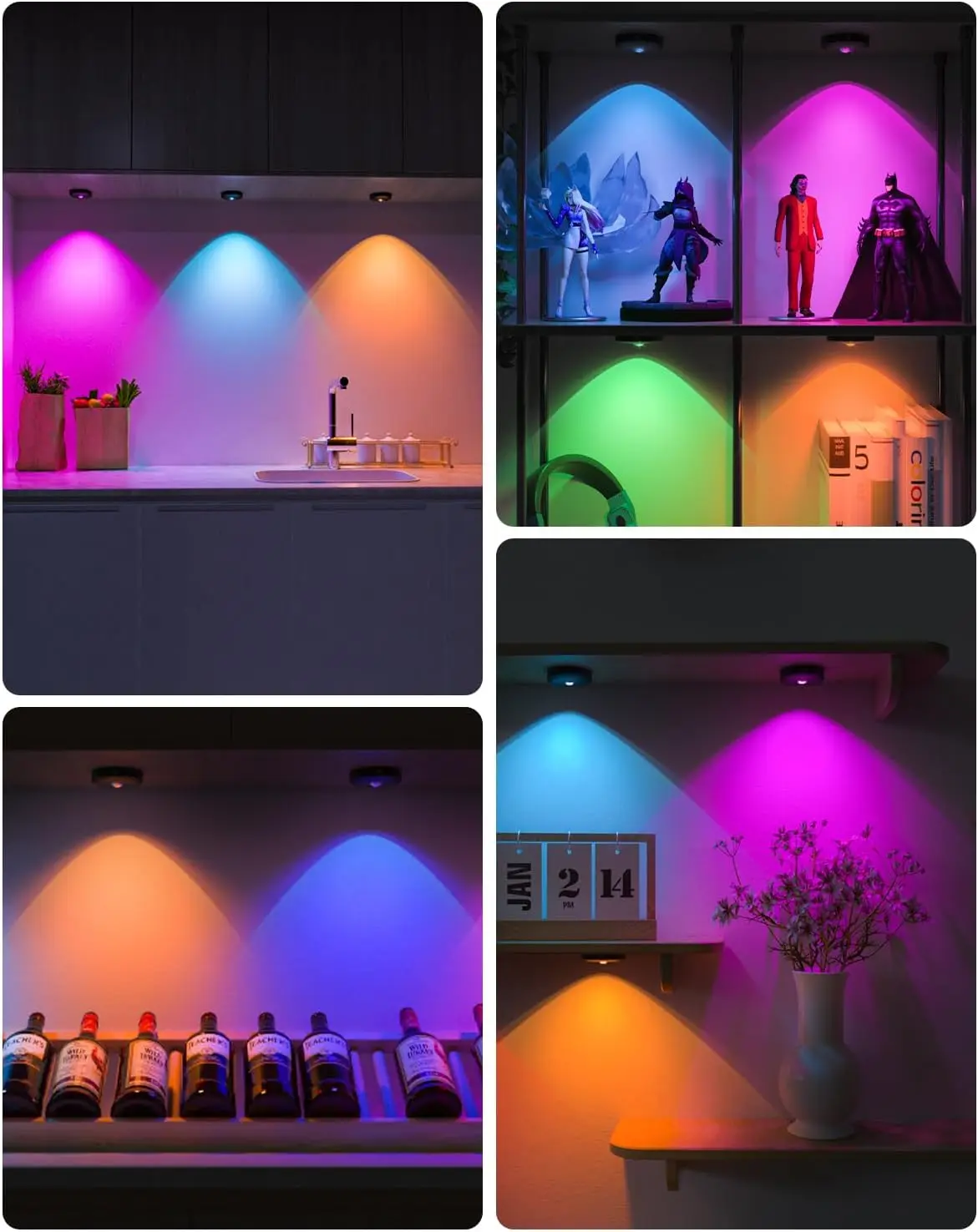 WILLED Rechargeable RGB Puck Light with Remote Control 1200mAh Battery Lights, Dimmable Touch Under Cabinet Lighting Night Light 3