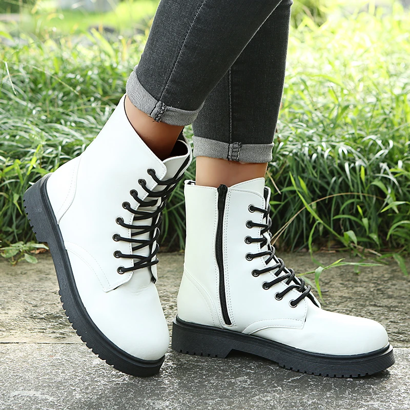 2024 Spring Women's Martin Boots Leather White Ankle Boots Fall Winter Biker Boots Fashion Women's Short Heel Platform Boots
