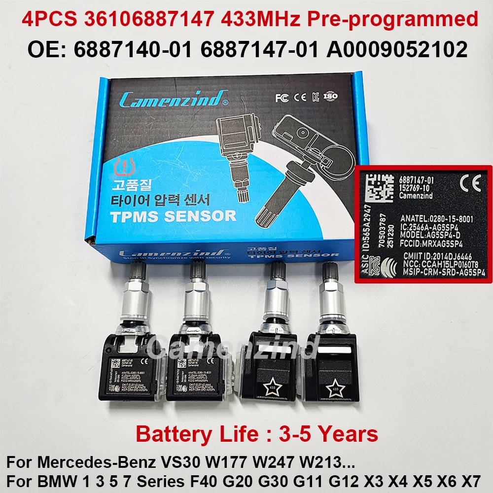 4PCS TPMS Sensor A0009052102 433MHz For Benz VS30 W177 W247 W213 BMW G30 G20 X3 X5
