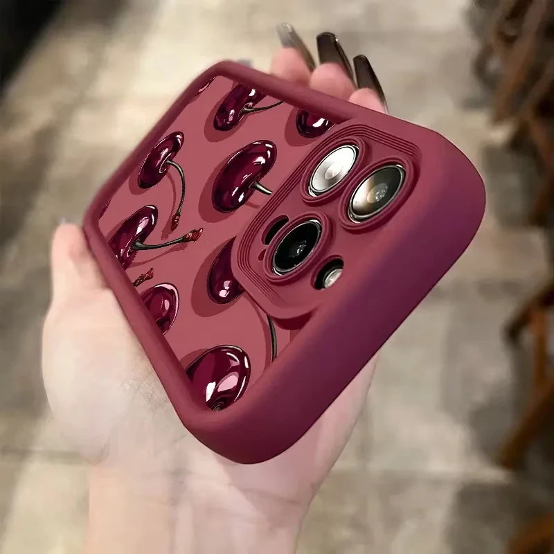 Luxury Wine Red Cherry Print Shockproof Silicone Phone Case