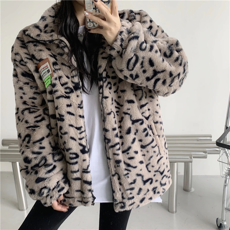 JMPRS Rabbit Fur Coats Winter Women Loose Leopard Furry Jacket Warm Korean Thick Zipper Up Long Sleeve Ladies Clothes New womens long black puffer coat