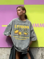 Summer Fresh Lemons Prints Washed T-Shirts Womens Cotton Oversized O-Neck Tops Street Vintage Short Sleeve Casual Woman Clothes - Image 2