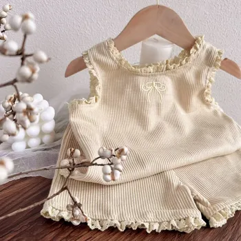 TZ2617 Korean Style 2025 Children's Lace Earlette Vest Cute Summer Sleeveless Top Shorts Thin Set for Girls Kids Fashion Outfit 1