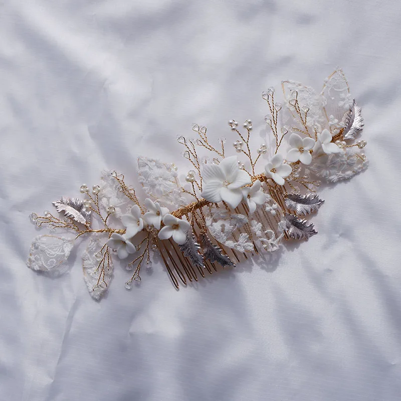 

Кружевная Свадебная Расческа с листьями, керамическая Цветочная свадебная корона для волос, ювелирные изделия ручной работы с жемчугом, женские аксессуары