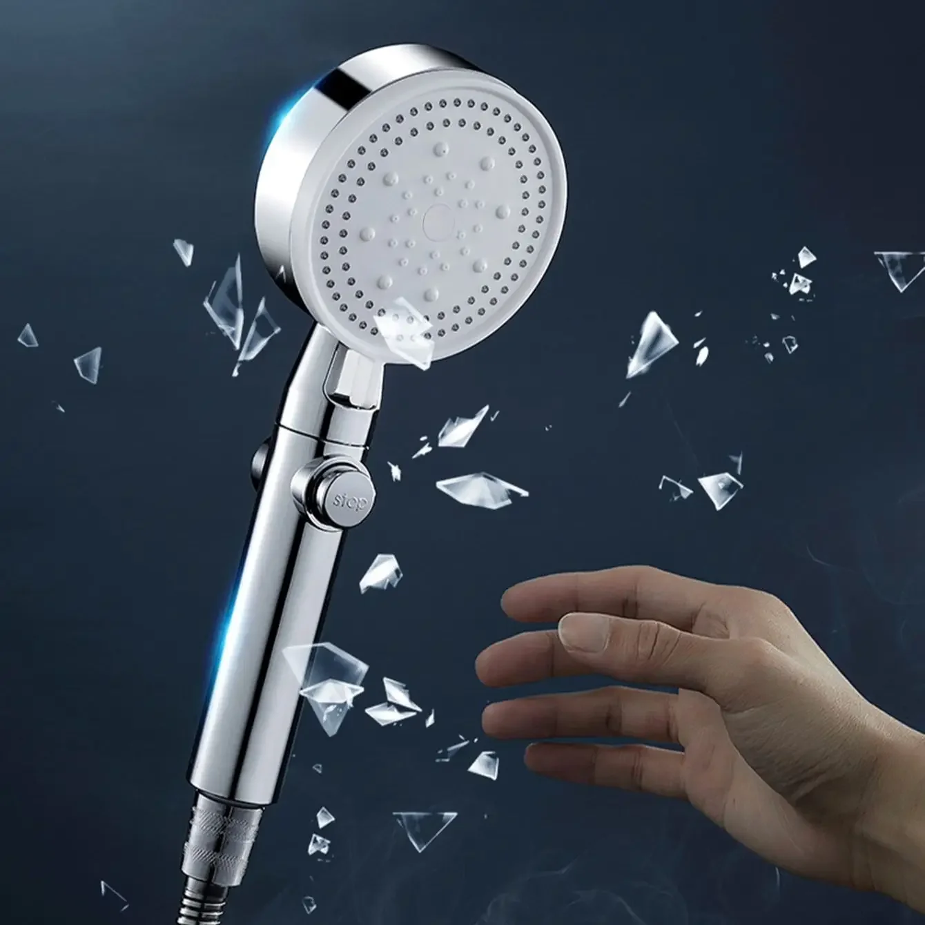 1pc Universal Shower Head - Adjustable Five speed boost  Water Saving,  Silvery Finish, Bathroom Accessories