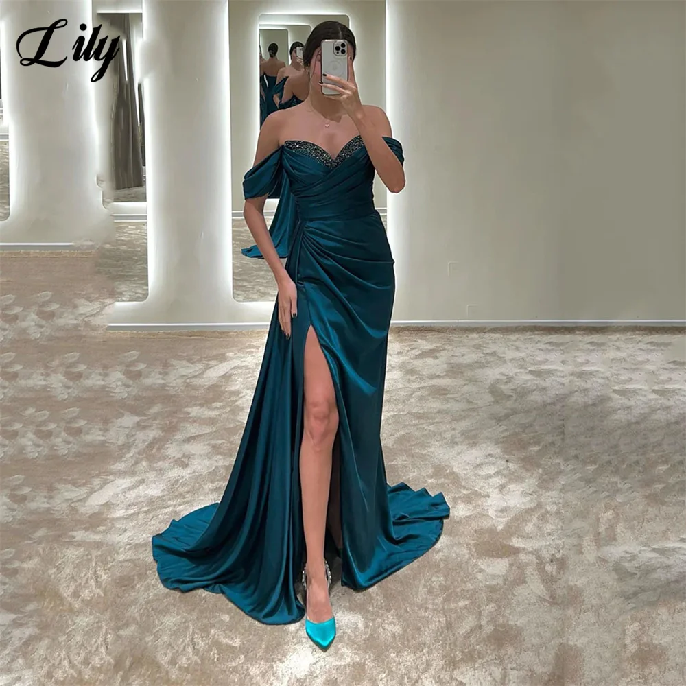 

Lily Teal Stain Prom Dresses Sequined V Neck Evening Dresses Off the Shoulder Zipper Back Party Dress Pleat Side Split 프롬드레스