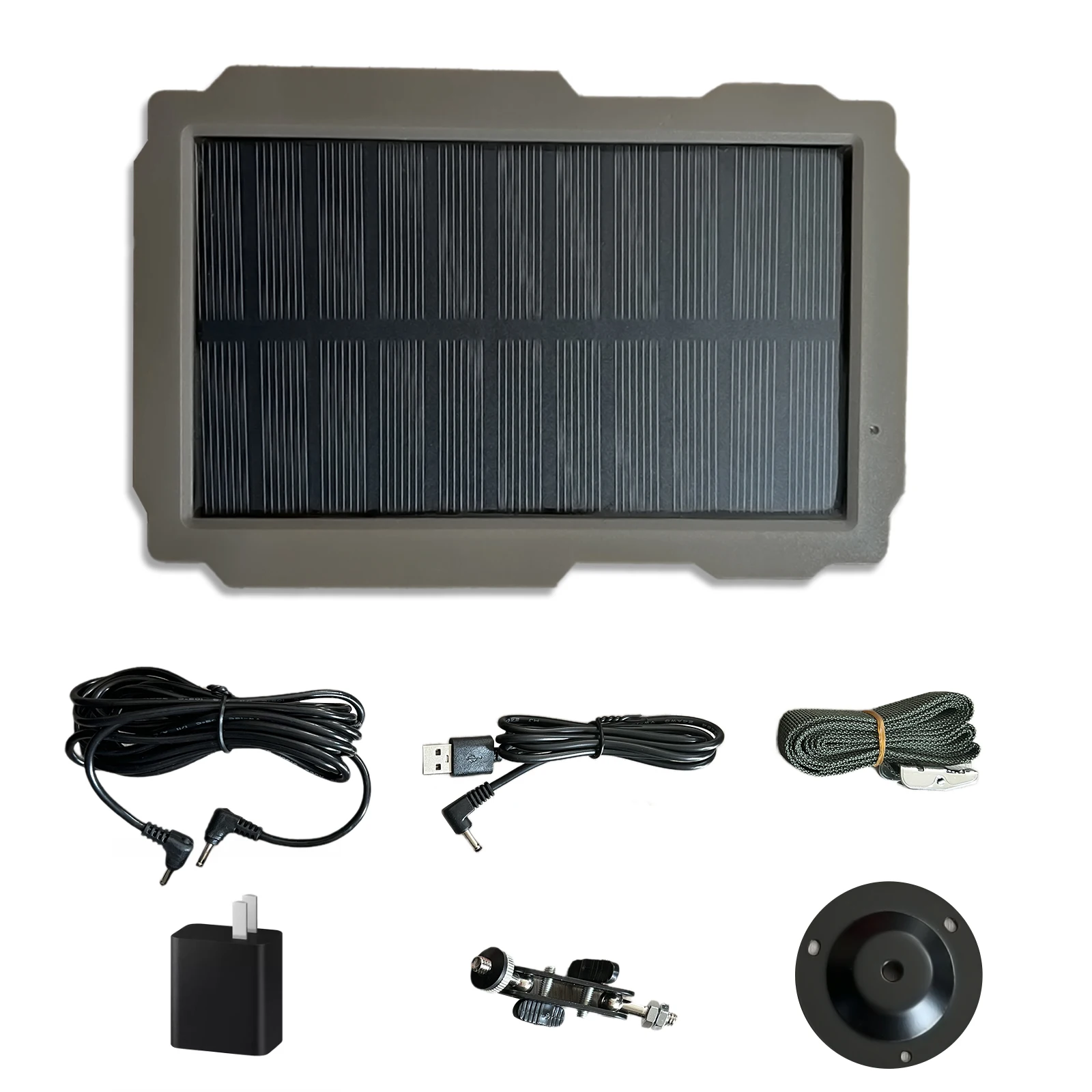 A solar panel features a 360° rotating bracket for flexible installation and optimal sunlight capture.