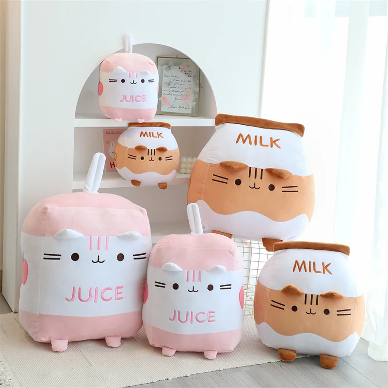 Kawaii Cartoon Cow Milk Cat Plush Toy Long Pillow Stuffed Fruits Juice Bottle Kitten Soft Sofa Cushion Home Decor for Kids Gifts