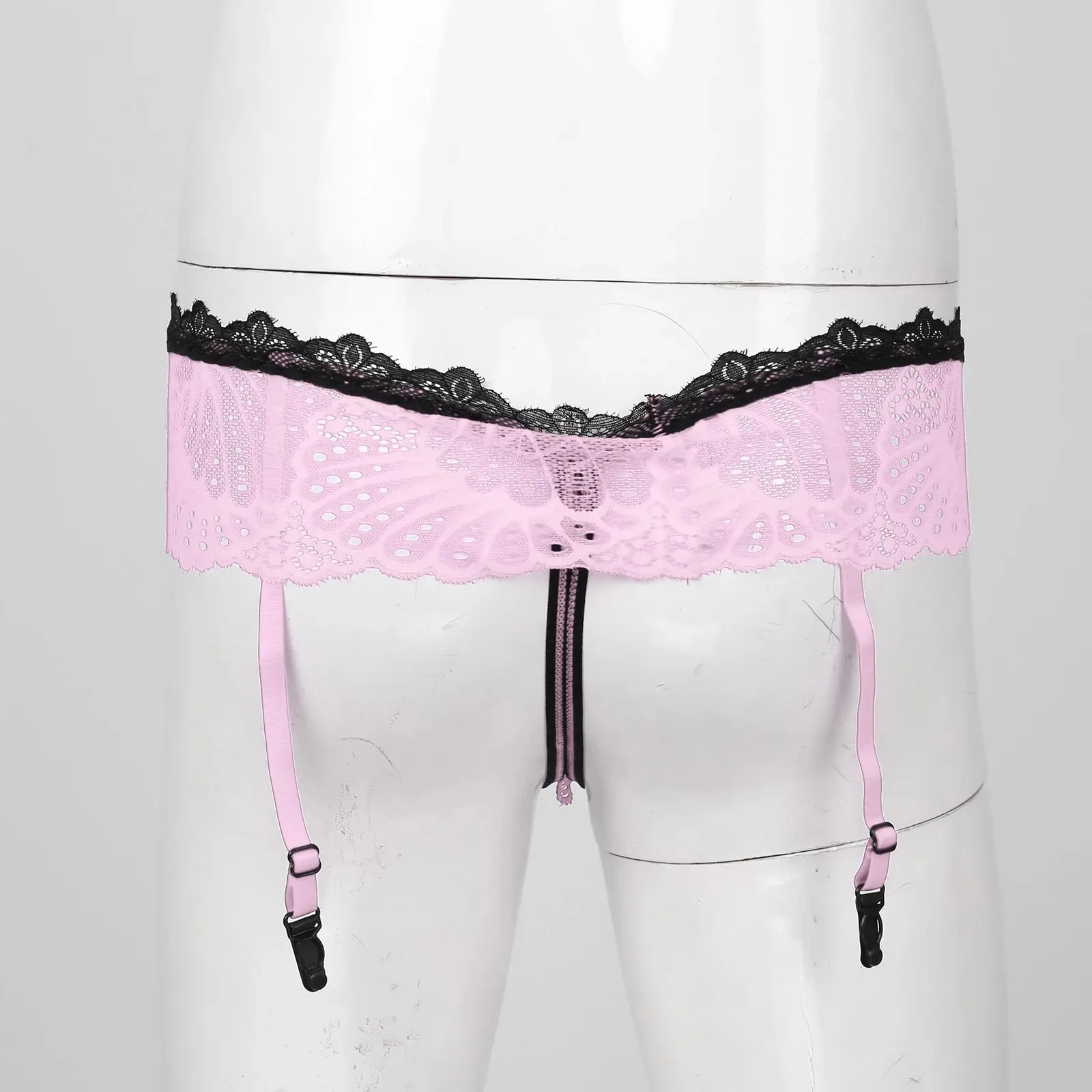 Mens Lingerie G-String Sissy Underwear Hollow Out Lace Skirted Thongs Bowknot Crotchless T-Back Garters Adjustable Garter Belt male underwear