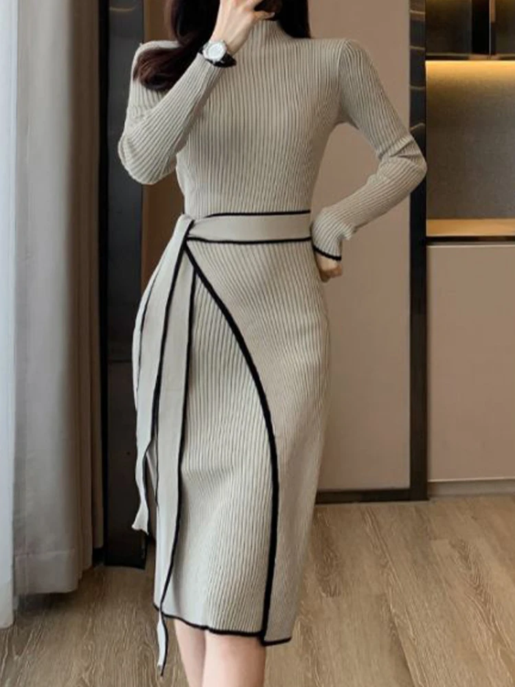 

Vintage Standing Neck Tie Up Waist Knit Skirt Slim Fitting Long Sleeved Dress 2023 Autumn/Winter Fashion Women'S Clothing