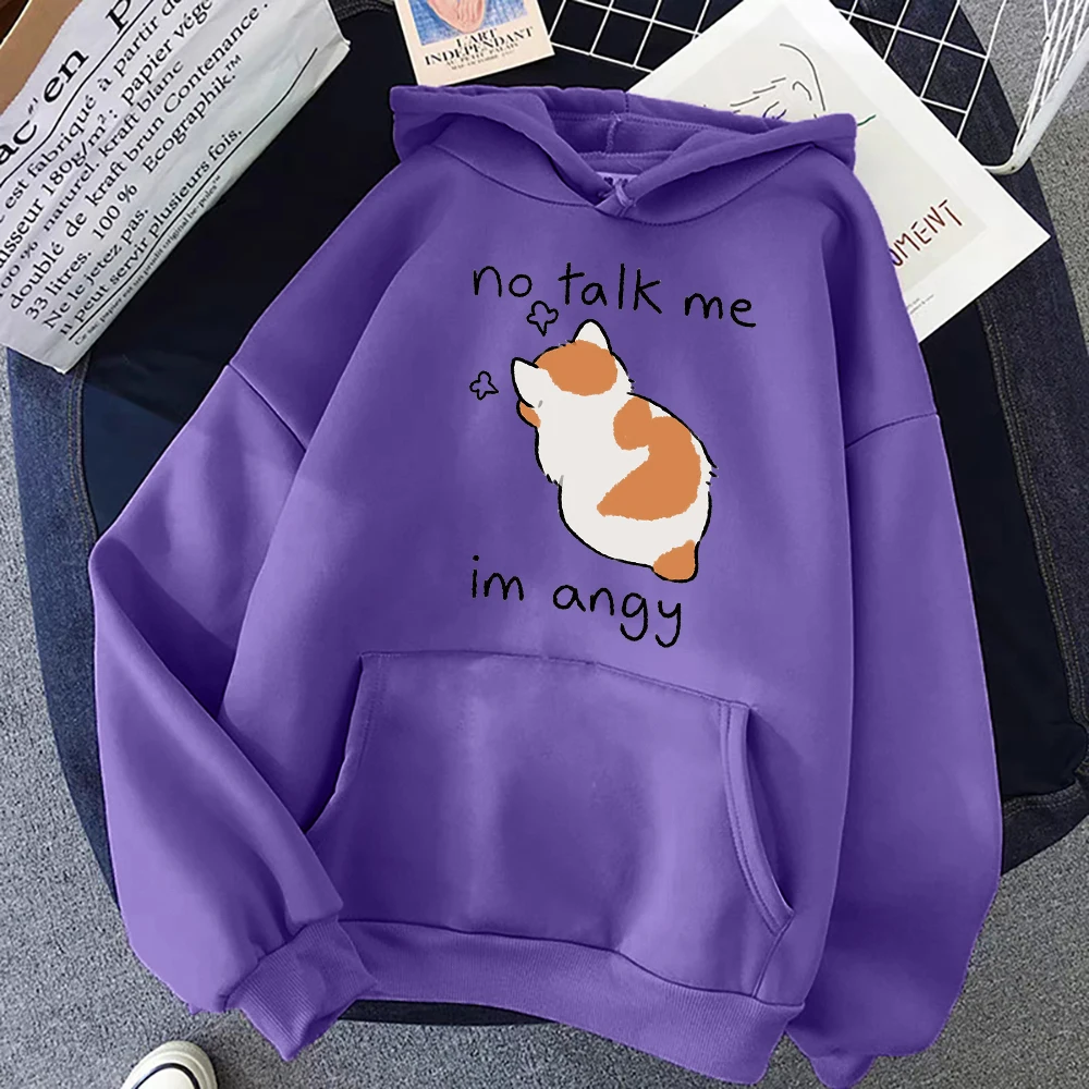 Cute Angry Cat Print Women Hoody Hip Hop Soft Sweatshirt Casual Fleece Sweatshirt Oversize Fleece No Talk Me Women Streetwear