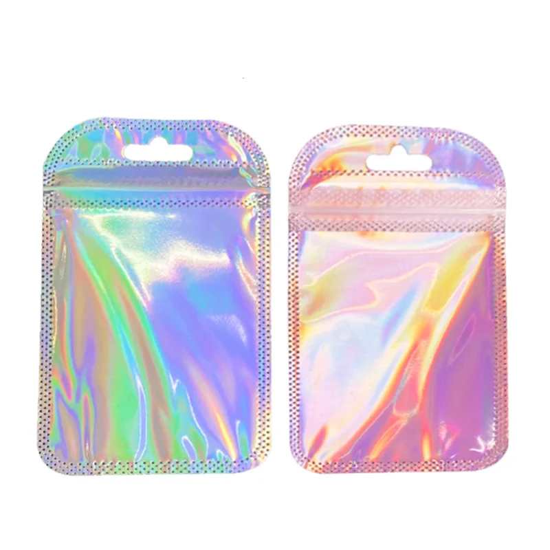 50/pcs Iridescent Self Sealing Bags Pink Laser Plastic Pouches Resealable Zip Lock Packaging for Jewelry Display Retail Bags