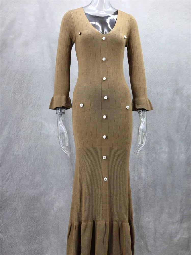 Wmstar Dresses for Women Wholesale Long Sleeve Bodycon Knitted V Neck Maxi Dress Fashionable for Fall Winter Drop Shopping