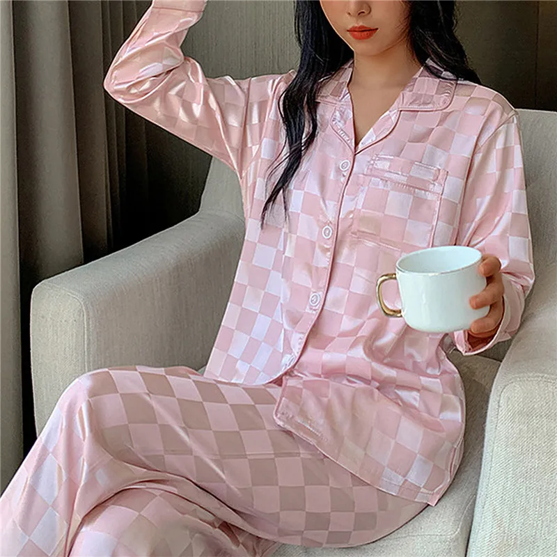 Pajamas Women's Silk Long-sleeved Pajamas Pajamas Suit Jacquard Plaid  High-grade Ice Silk Can Be Worn Outside Home Wear Pajamas