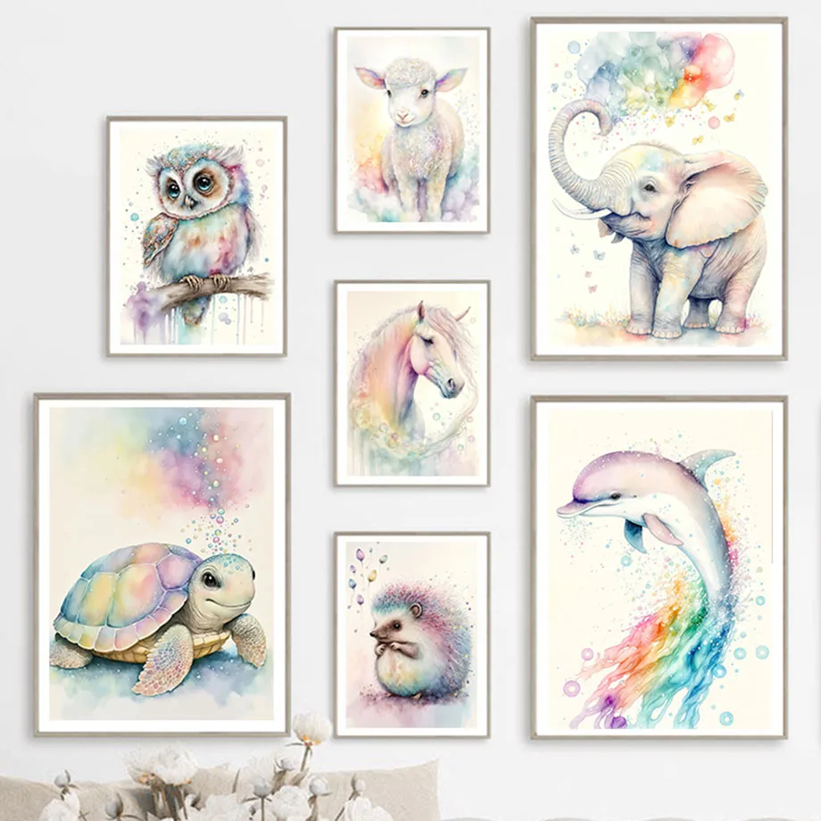 

Watercolor Elephant Dolphin Owl Turtle Sheep Poster Nordic Wall Art Print Canvas Painting Cartoon Pictures Baby Kids Room Decor