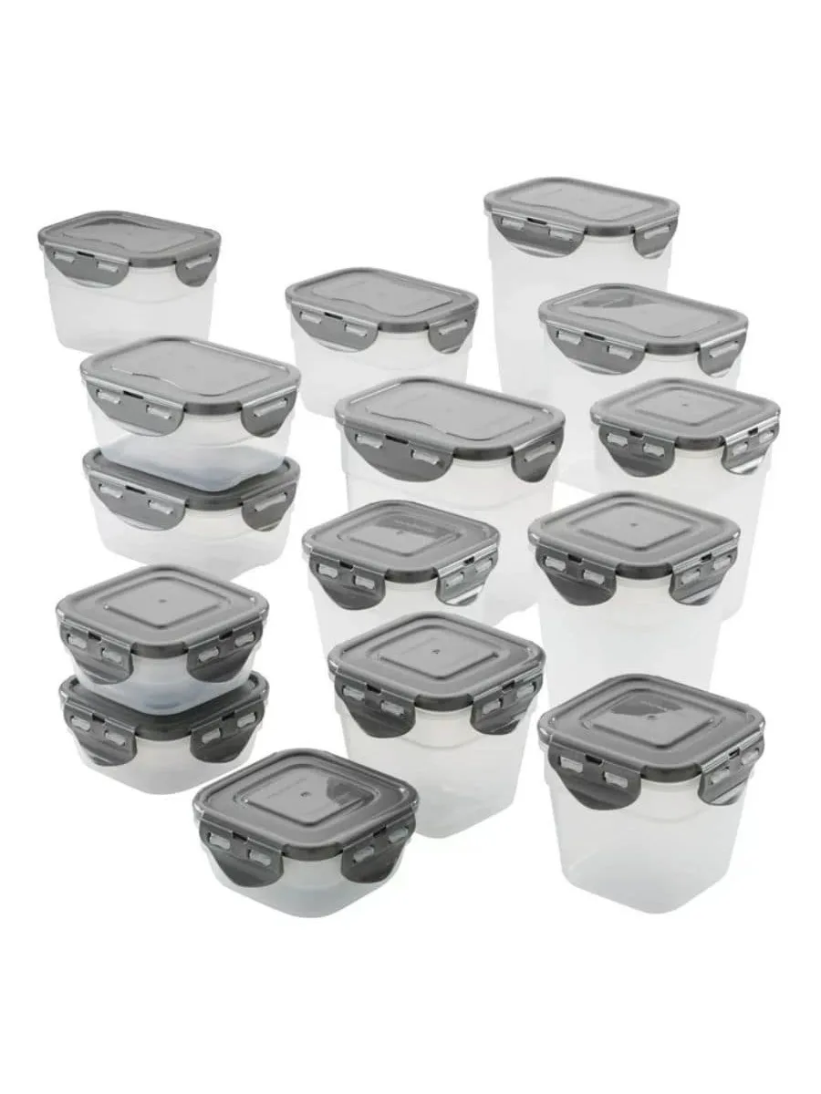 30-Piece Leak-Proof Stacking Food Storage Container Set, Gray Lids