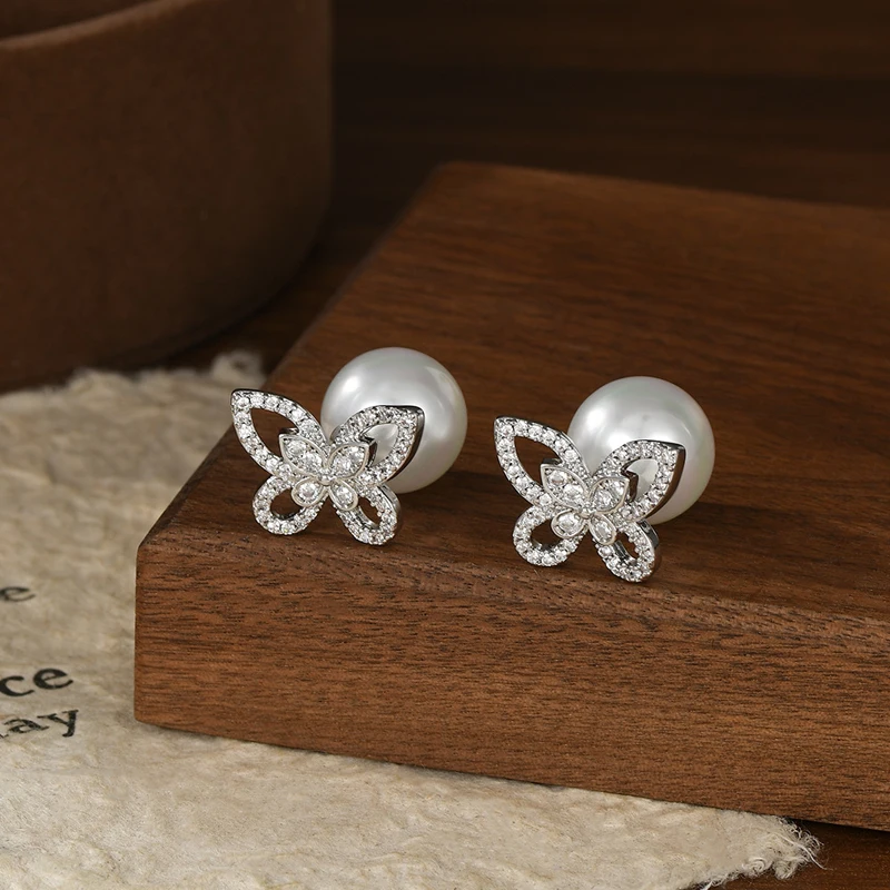 S925 Elegante Schmetterling Voller Zirkon Licht Luxus Perlen Stud Ohrringe Für Frauen Französisch Hochzeit Edlen Schmuck Für Frauen Zubehör – Detail 5