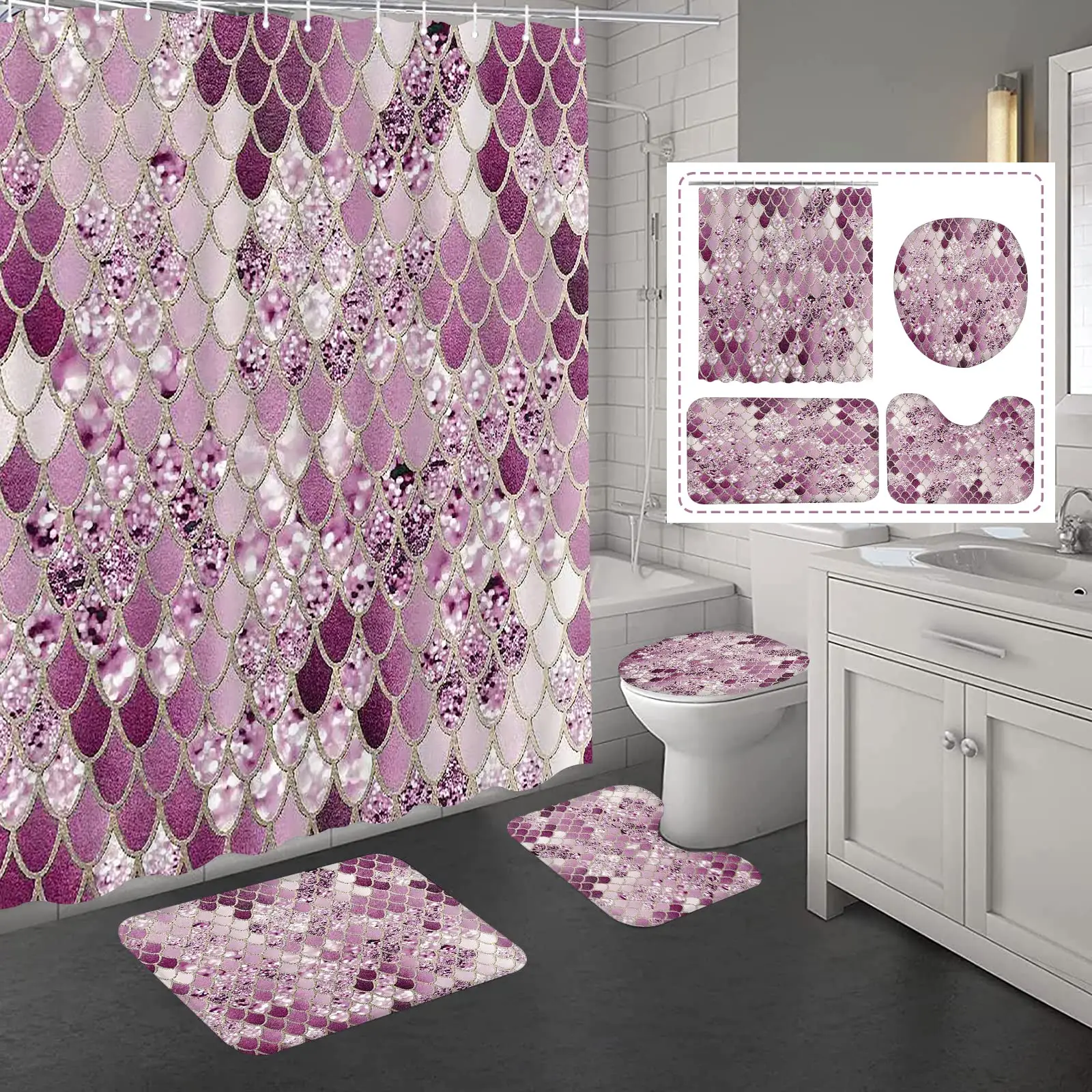 

4 Pcs Purple Mermaid Scale Bathroom Set Shower Curtain Mermaid Ocean Under Sea Shower Curtain with Non-Slip Rug Toilet Cover Mat