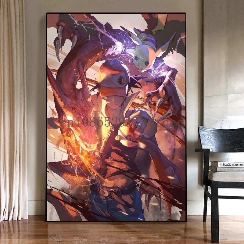 Poster Toile Pokémon Charizard Vs Gyarados - Décor Mural Anime Style Art Déco