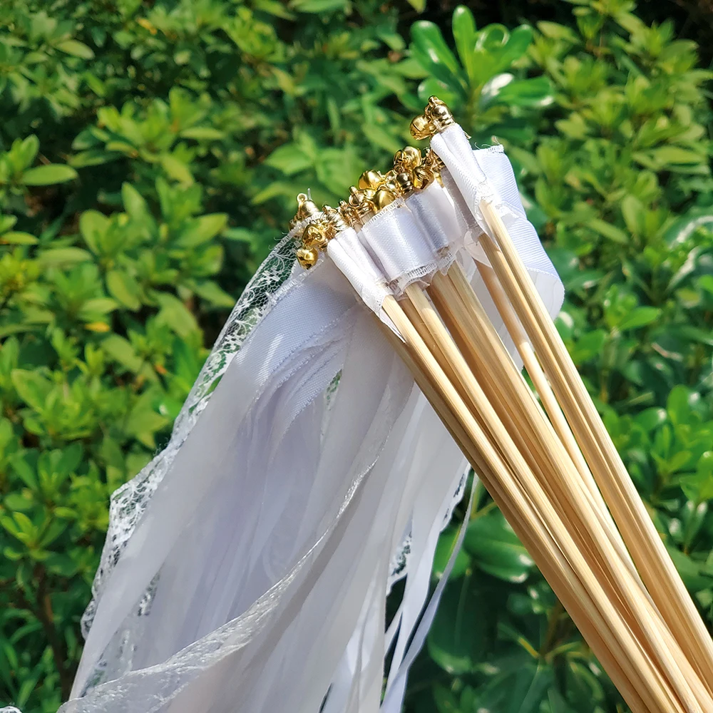 Wedding Ribbon Wands White Ribbon Wands Fairy Sticks Wedding Twirling Lace Streamers Golden Silver Bell Party Cheering Prop Favor